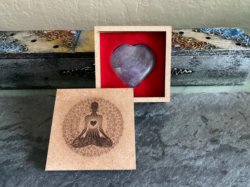 Amethyst, Rose Quartz or Clear Quartz Heart with Embossed Wood Box, Powerful Healing - Stress Relief FB2647