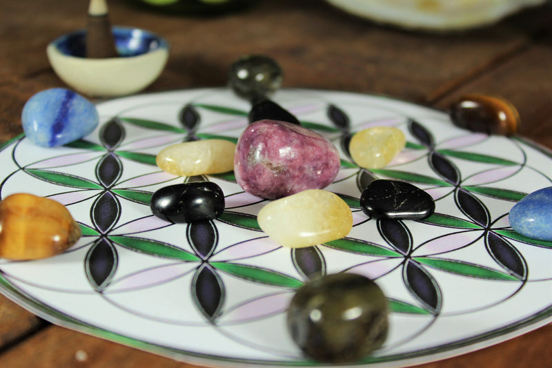 Banish Anxiety and Worries Crystal Grid with Flower of Life layout
