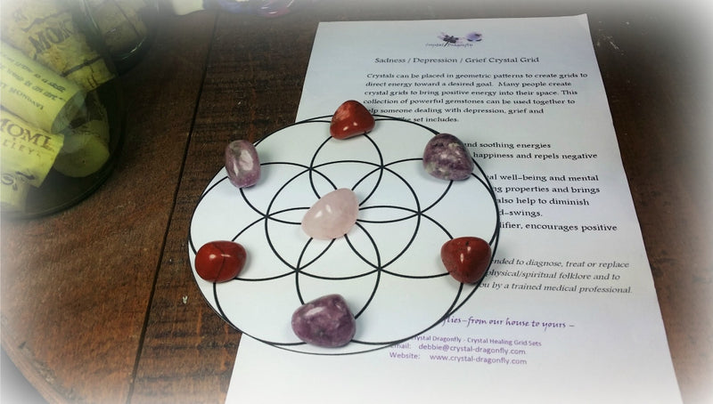 Relieving Sadness, Depression & Grief Crystal Grid with Seed of Life layout