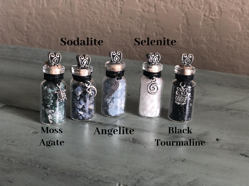 Gemstone Chip Glass Bottle Pendants with charms & leather cord, FB2523