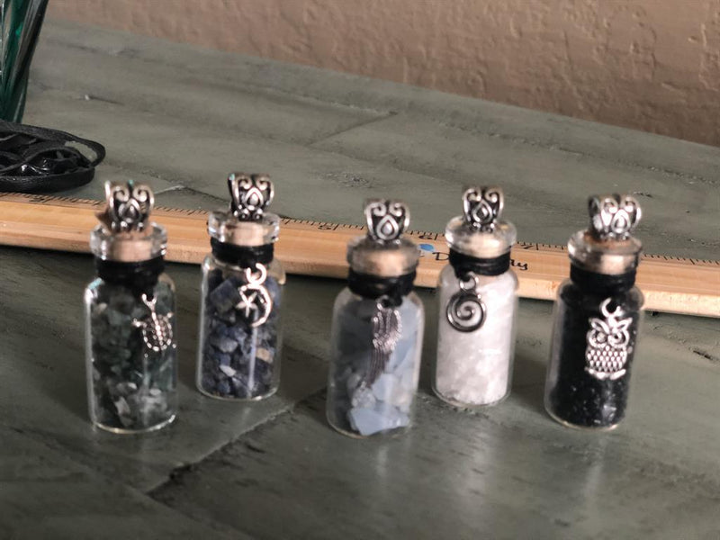 Gemstone Chip Glass Bottle Pendants with charms & leather cord, FB2523