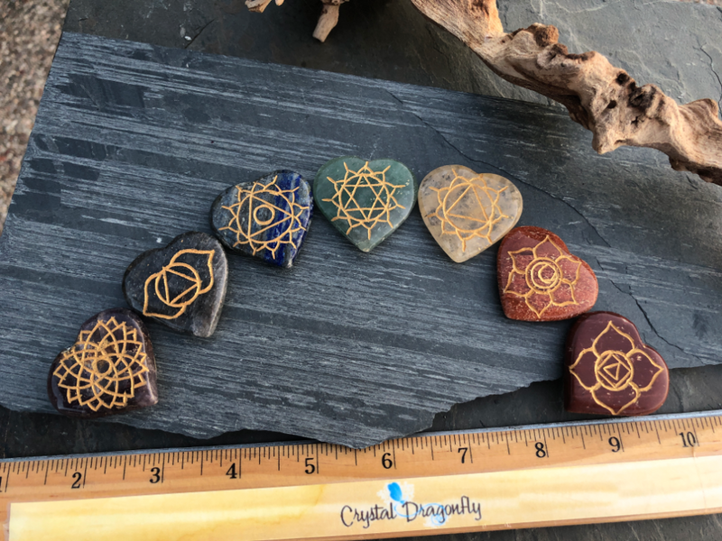 Chakra Stone Carved Heart Collection with Symbols and Pouch FB2057