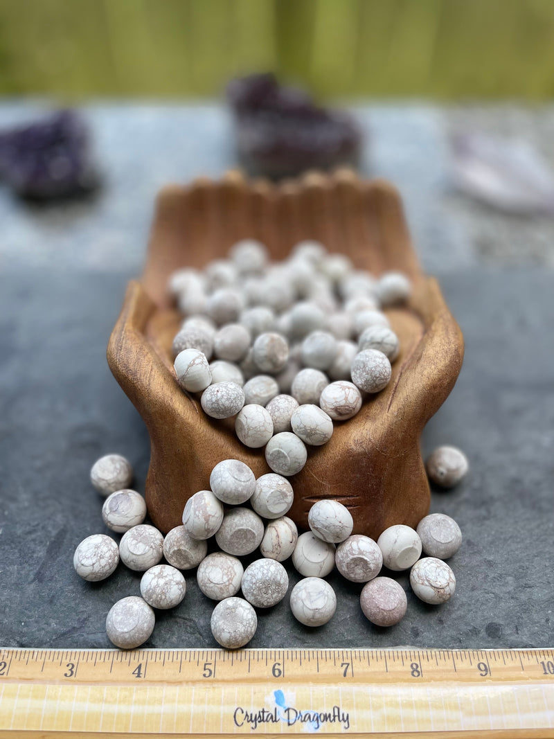 Tumbled White Howlite, Matte Flattened Spherical, a Stone of Awareness for tact, calming, & healing