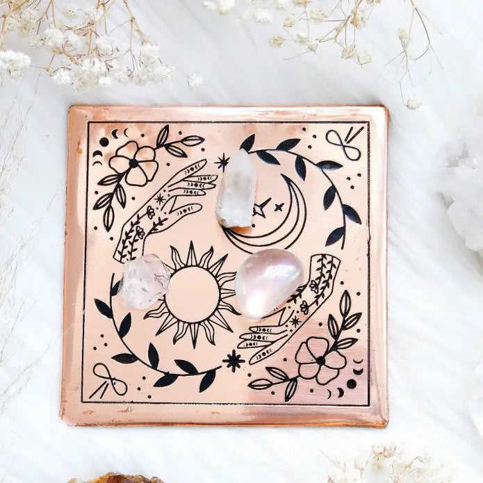 Copper Crystal Charging Plate / Grid Base with Sun, Moon, Nature Design FB3269