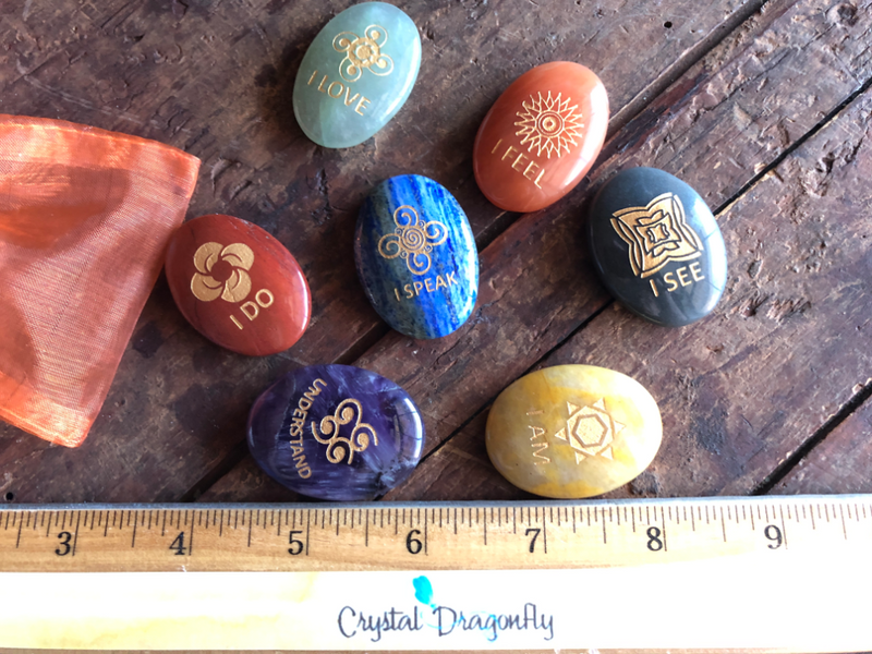 Flat Oval or Round Pocket Chakra Stones with Symbols & Phrase and Pouch FB2033